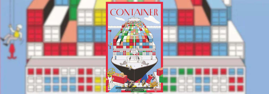 Illustrated poster of a colorful container ship filled with multicolored containers under a blue sky and clouds, titled "Container" in bold red letters.