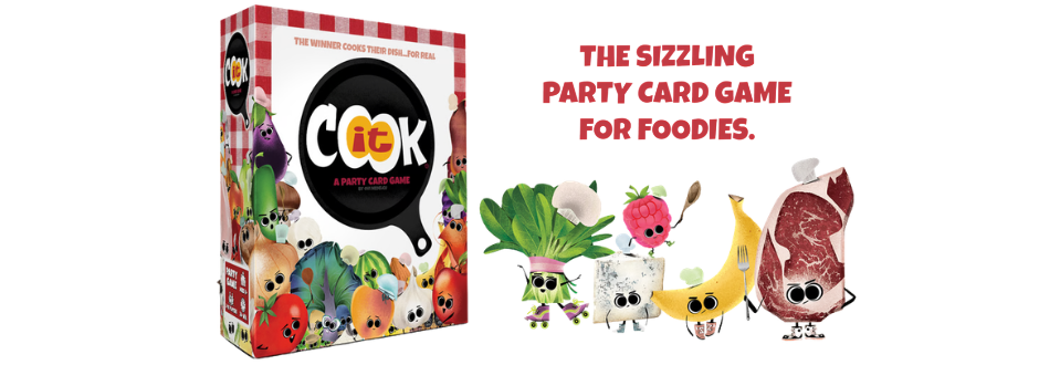 Colorful box of "Cook It" game, featuring playful illustrations of food and cooking utensils