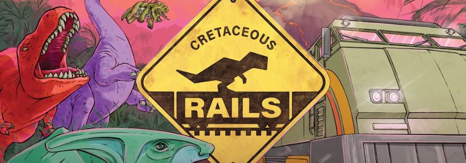 Yellow sign with "Cretaceous Rails" and dinosaur silhouette. Dinosaurs in vivid colors surround a green train, against a pink sky. Energetic tone.