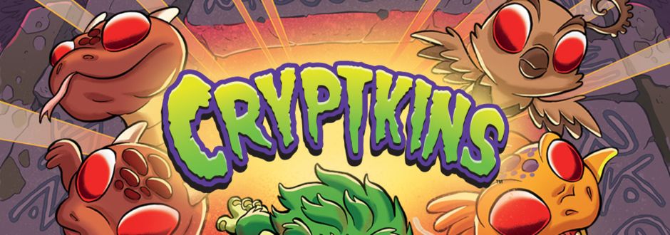 Colorful Cryptkins graphic featuring cute cryptid creatures with large red eyes encircling vibrant text. Bright, playful, and mysterious mood.