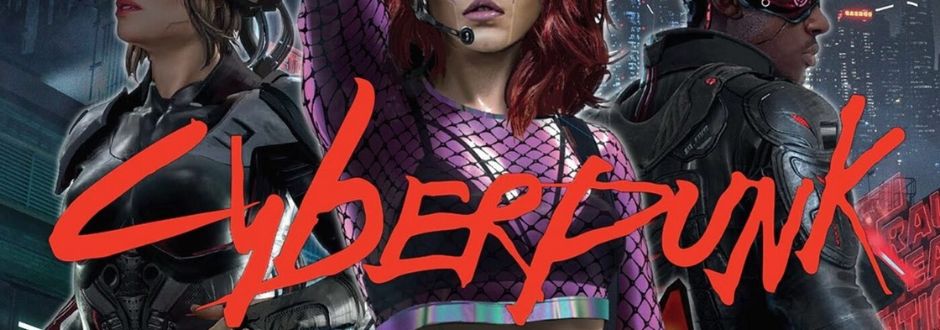 Three futuristic characters in cyberpunk attire stand against a cityscape backdrop. Bold red "Cyberpunk" text overlays the scene, creating a dynamic, edgy atmosphere