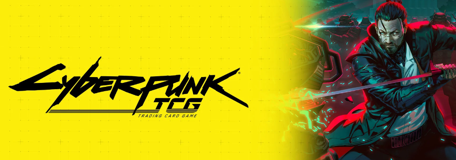 Cyberpunk TCG banner: the black logo spans a bright yellow, circuit-patterned background; a stern, red-lit man grips a glowing blade, creating a bold, intense tone.