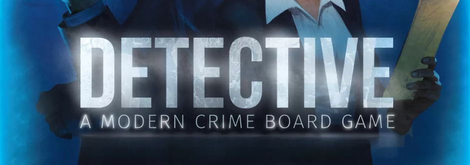 Cover art for "Detective: A Modern Crime Board Game" shows a mysterious figure in a suit holding a yellow file, creating a suspenseful, investigative tone.