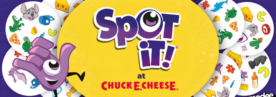 Yellow background with "Spot it! at Chuck E. Cheese" in bold letters. Features a playful cartoon hand and colorful game symbols, including cheese, pizza, and animals, creating an exciting and fun atmosphere