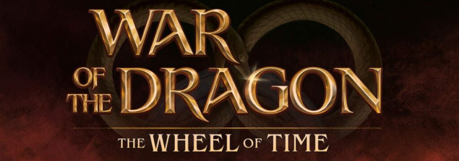 "War of the Dragon: The Wheel of Time" in bold, glowing gold letters against a dark, smoky background. The mood is intense and epic.
