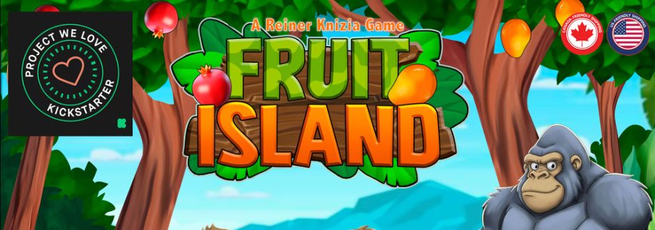 Bright, colorful game banner for "Fruit Island" showing vibrant fruit trees, a cartoon gorilla, and Kickstarter approval badge; playful and adventurous.