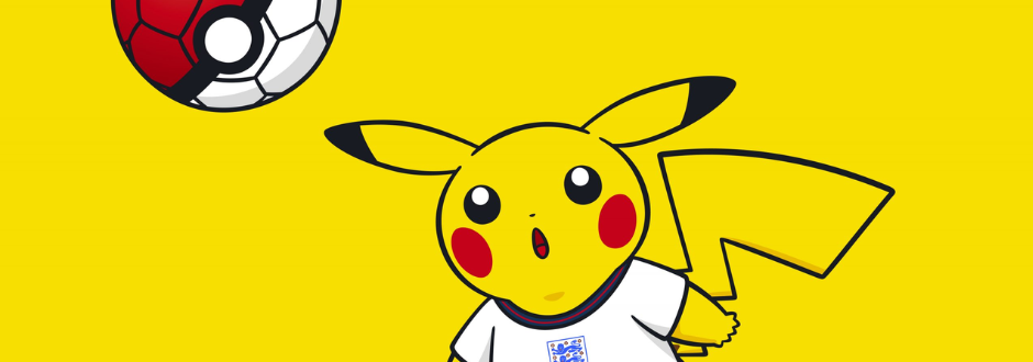 Pikachu in an England football shirt heading a Pokéball in the shape of a football.  