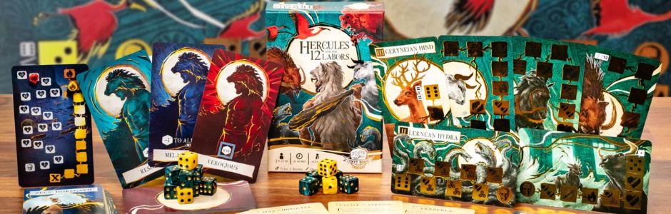 A colorful board game setup with "Hercules: 12 Labors" packaging, illustrated cards depicting mythical creatures, dice, and vibrant tokens on a wooden table. The scene conveys adventure and excitement.