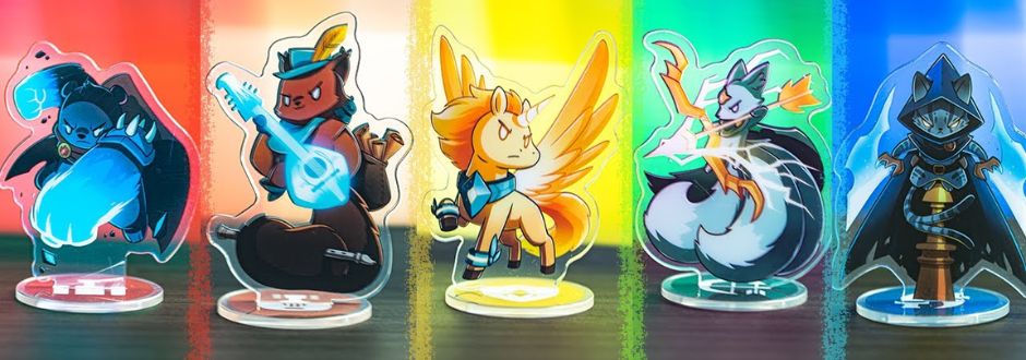 Five colorful acrylic standees of cartoon animal characters, each with unique powers. They stand against vibrant backgrounds, conveying a playful, dynamic tone.