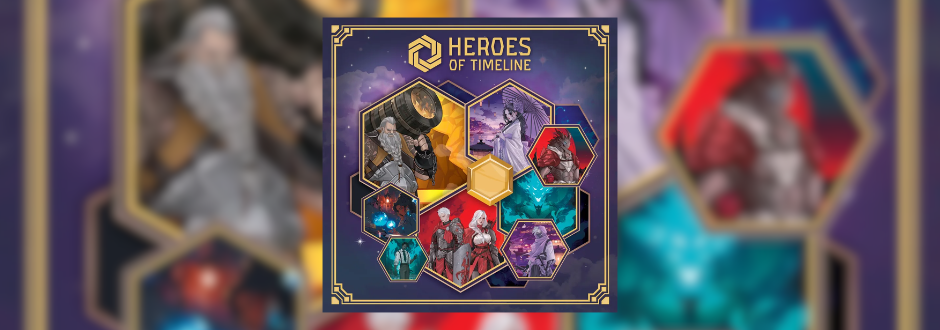 A fantasy board game box titled “Heroes of Timeline” shows armored heroes, a red creature, and colorful hexagonal tiles in a purple, gold-trimmed design.