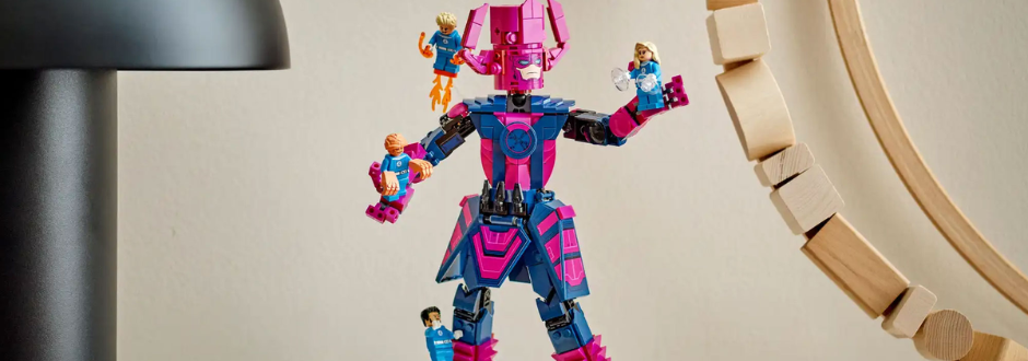 A colorful toy figure, resembling a humanoid robot, stands surrounded by small toy characters. It conveys a playful and imaginative scene.