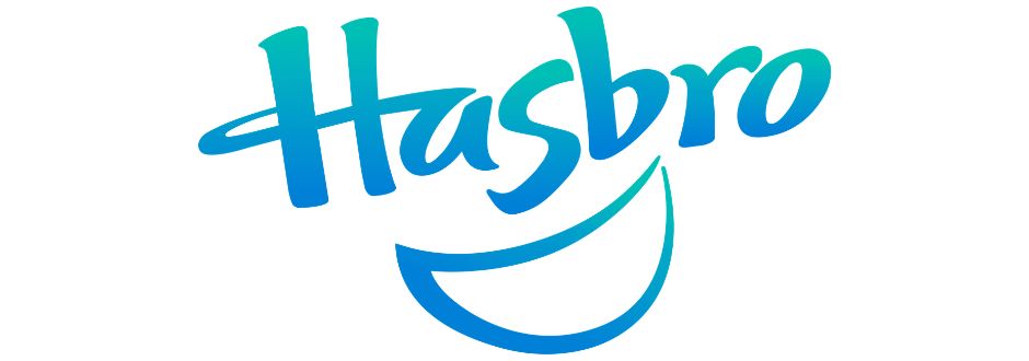 Blue gradient "Hasbro" logo with playful, rounded letters and a stylized smile below, conveying a fun and friendly feel.