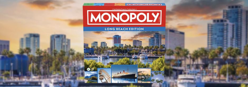 Monopoly Long Beach Edition box featuring a vibrant cityscape with palm trees and skyscrapers, conveying a sunny, coastal vibe.
