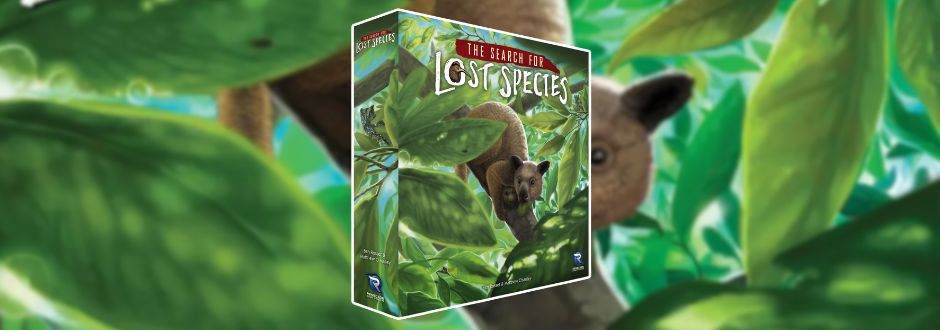 Box cover of "The Search for Lost Species" board game showing a tree kangaroo amid lush green foliage, creating a sense of adventure and discovery.