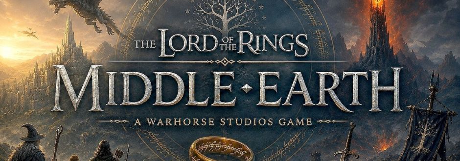 The Lord of the Rings: Middle-Earth game cover with a dramatic landscape. A bright city on the left, fiery mountain on the right, and the ring at the bottom