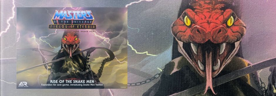 Cover image for "Masters of the Universe: Fields of Eternia – Rise of the Snake Men," featuring a menacing red snake creature, glowing eyes, and a stormy background.