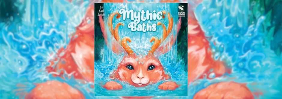 An orange creature with antlers surfaces in vibrant blue water, framed by splashes. The text "Mythic Baths" is above, creating a whimsical, mythical tone.