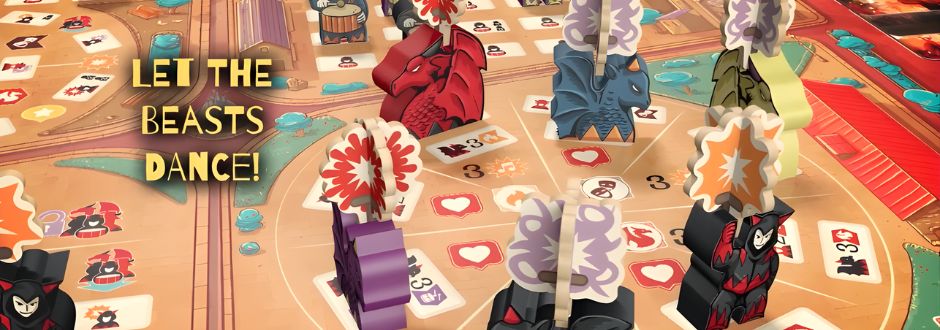Board game with colorful, vibrant animal and character pieces set on a decorative path. Text reads "Let the Beasts Dance!" in bold yellow.