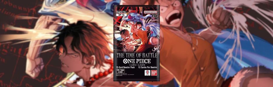 One Piece card game pack titled 'The Time of Battle' featuring vibrant character artwork. Dynamic poses and intense expressions convey action and excitement