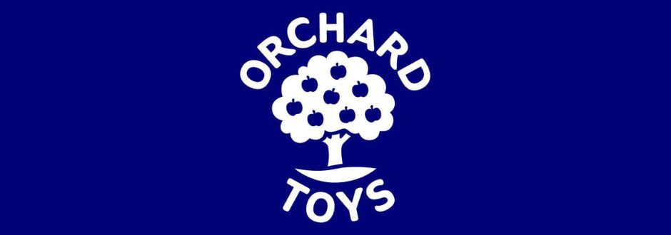 Orchard Toy logo of a white apple tree against a purple background
