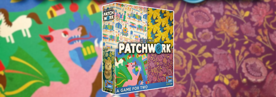 Box cover of the "Patchwork" board game featuring colorful quilt patterns with whimsical designs. Background shows a vibrant, floral fabric.