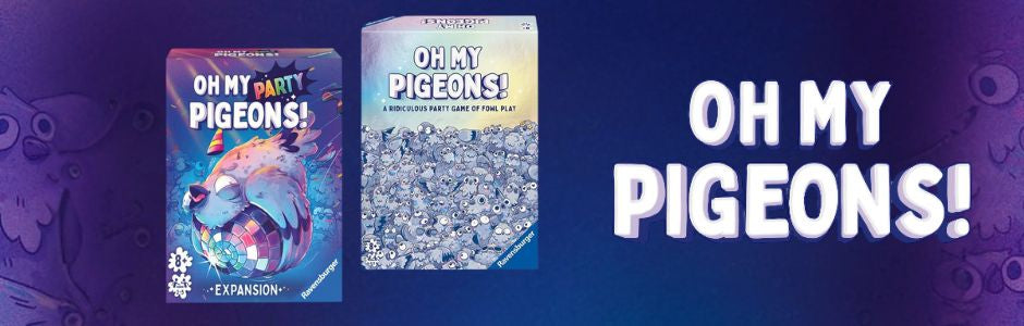 Two colorful game boxes, "Oh My Pigeons!" and its expansion, are set against a vibrant purple background with whimsical pigeon illustrations.
