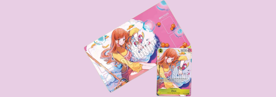 Bandai One Piece playmat on a pink background