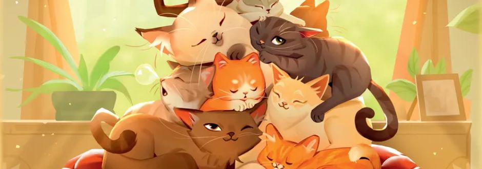 A group of six cartoon cats, in various colors, snuggle together in a cozy pile on a red cushion. Sunlight streams in, creating a warm, serene atmosphere.