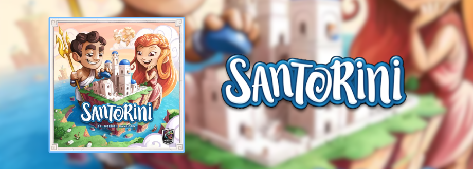 Santorini board game box and logo over blurred background