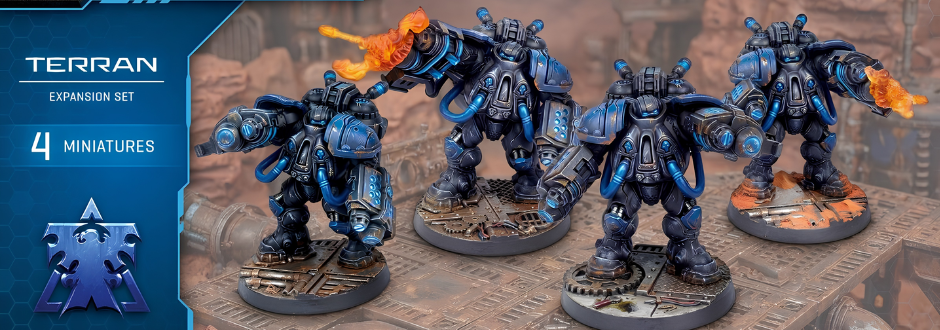 Four blue-armored Terran miniatures on a textured sci-fi base, each holding a flaming weapon. The image has a dynamic and futuristic feel.