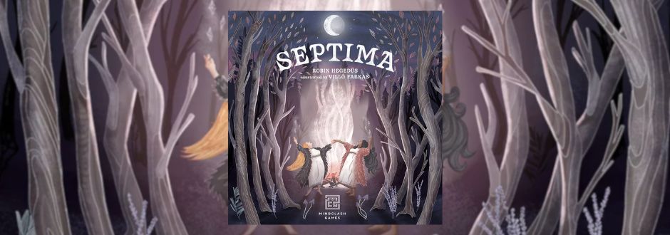 A fantasy book cover titled "Septima" shows three figures holding hands in a moonlit forest. The trees create an enchanting, mystical atmosphere