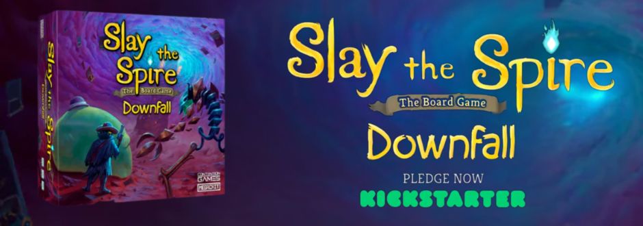 Slay the spire downfall board game box and logo on a spiralling, galactic background