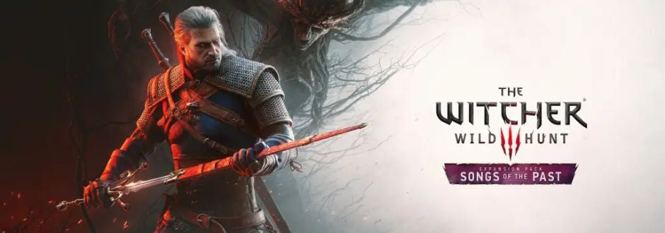 Geralt of Rivia, wielding a sword and wearing armor, stands ready against a wind-swept background. Text reads "The Witcher 3: Wild Hunt - Songs of the Past."