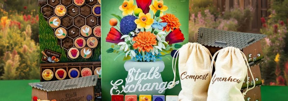 Board game components with garden theme, featuring vibrant flower illustrations, hexagonal tiles, a plant-filled background, and labeled bags