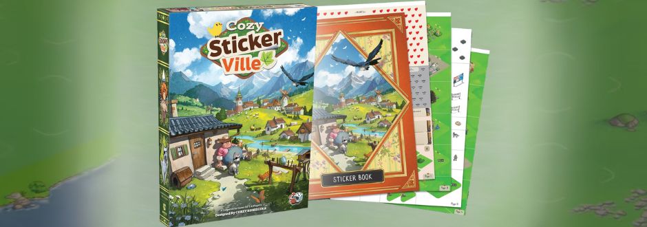 Box for "Cozy Sticker Ville" game, showcasing a vibrant village scene with cottages and mountains. Includes a sticker book and various colorful sticker sheets.