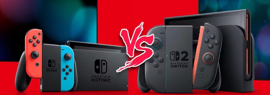 Comparison of two gaming consoles. On the left, a Nintendo Switch with red and blue controllers. On the right, a console labeled 'Switch 2' with gray controllers. A bold 'VS' in red separates them, set against a vibrant red and black background