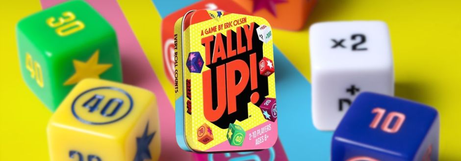 Colorful game packaging for "Tally Up!" surrounded by large, numbered dice on a bright yellow and blue background, creating a vibrant, playful mood