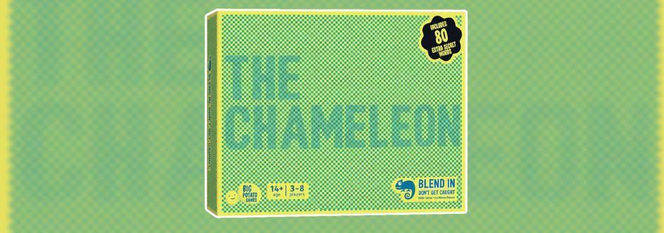 Green and yellow box of "The Chameleon" game with a pixelated design. Includes "3-8 players" and "ages 14+" info. Chameleon logo at the bottom.