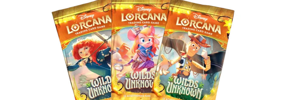 Three Disney Lorcana trading card game packs are displayed with vibrant covers featuring animated characters. The packs are titled "Wilds of the Unknown."