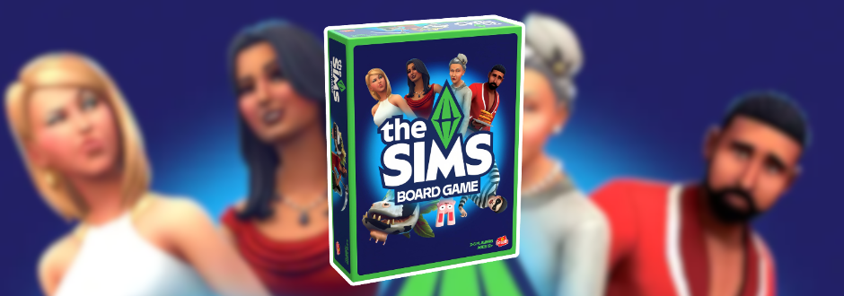 A Sims board game box stands sharply in the foreground, with blurred diverse players behind it against a blue backdrop, creating a playful, inviting mood.