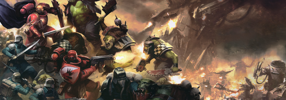 Battle scene featuring armored soldiers fighting large green-skinned creatures with weapons. The background is ablaze, creating a chaotic and intense atmosphere.