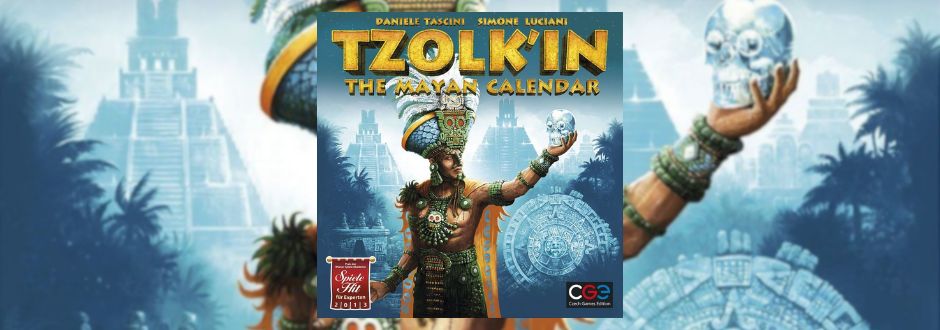 Title text "Tzolk'in: The Mayan Calendar" in bold, yellow letters with weathered texture, set against a mystical blue sky, featuring ancient stone elements.