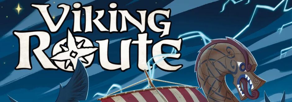 Illustration of a Viking ship with a dragon head prow against a starry night sky. Text "Viking Route" appears above, set in bold with a Norse design.