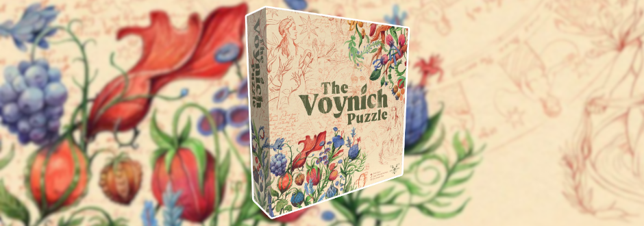 “The Voynich Puzzle” box stands before a blurred antique botanical manuscript, with colorful flowers and curling vines