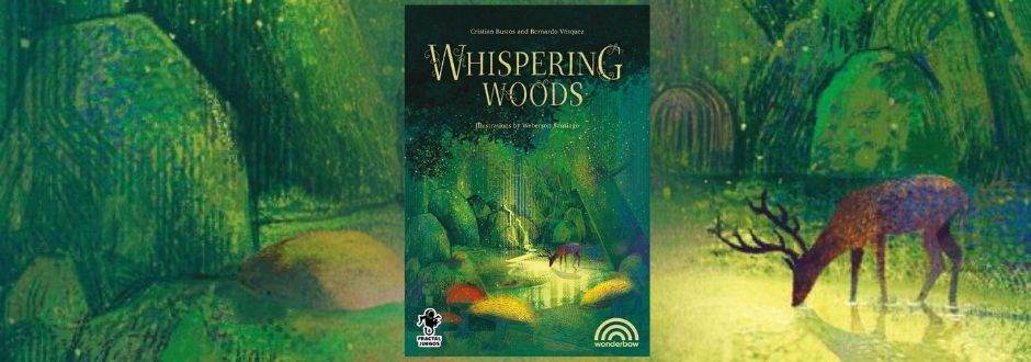 Cover of "Whispering Woods" game. A mystical forest scene with glowing mushrooms, soft light filtering through trees, and a deer drinking from a stream.