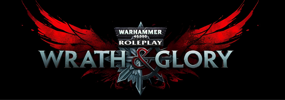 A Warhammer 40K Wrath and Glory logo, on a backdrop of red wings