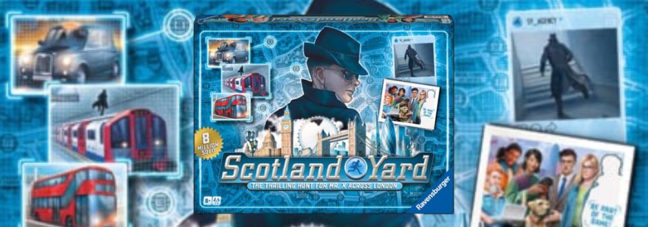 Box cover of the Scotland Yard board game features a detective in a hat and sunglasses, surrounded by London transportation and character images. The tone is mysterious and adventurous.