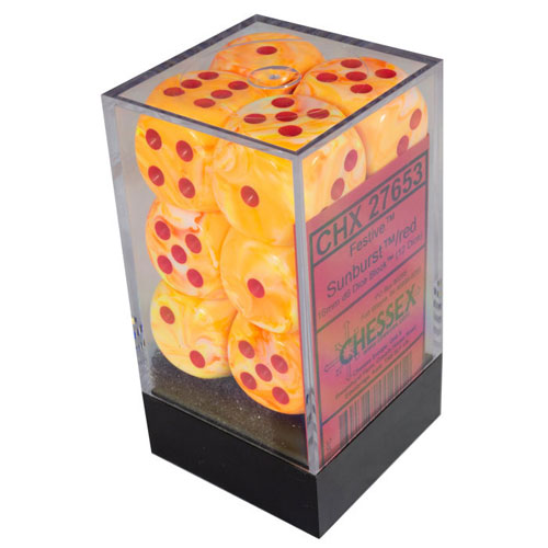 16mm d6 Dice Block: Festive Sunburst w/red