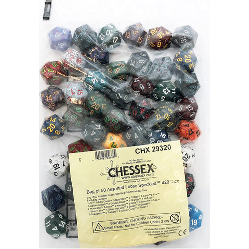 Bag of 50 Assorted Speckled. polyhedral D20 Dice