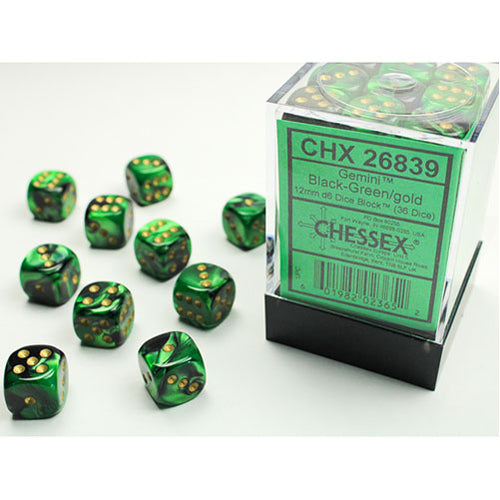 Chessex - 12mm D6 Dice Block - Black & Green w/Gold